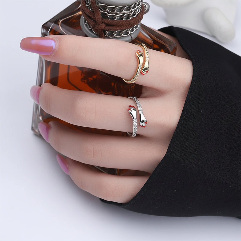 Anello Regolabile Design Abbraccio Fascia Aperta Gioiello Regalo d'Amore