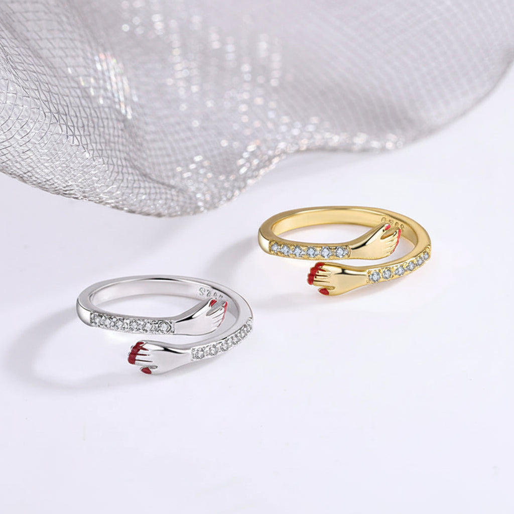 Anello Regolabile Design Abbraccio Fascia Aperta Gioiello Regalo d'Amore