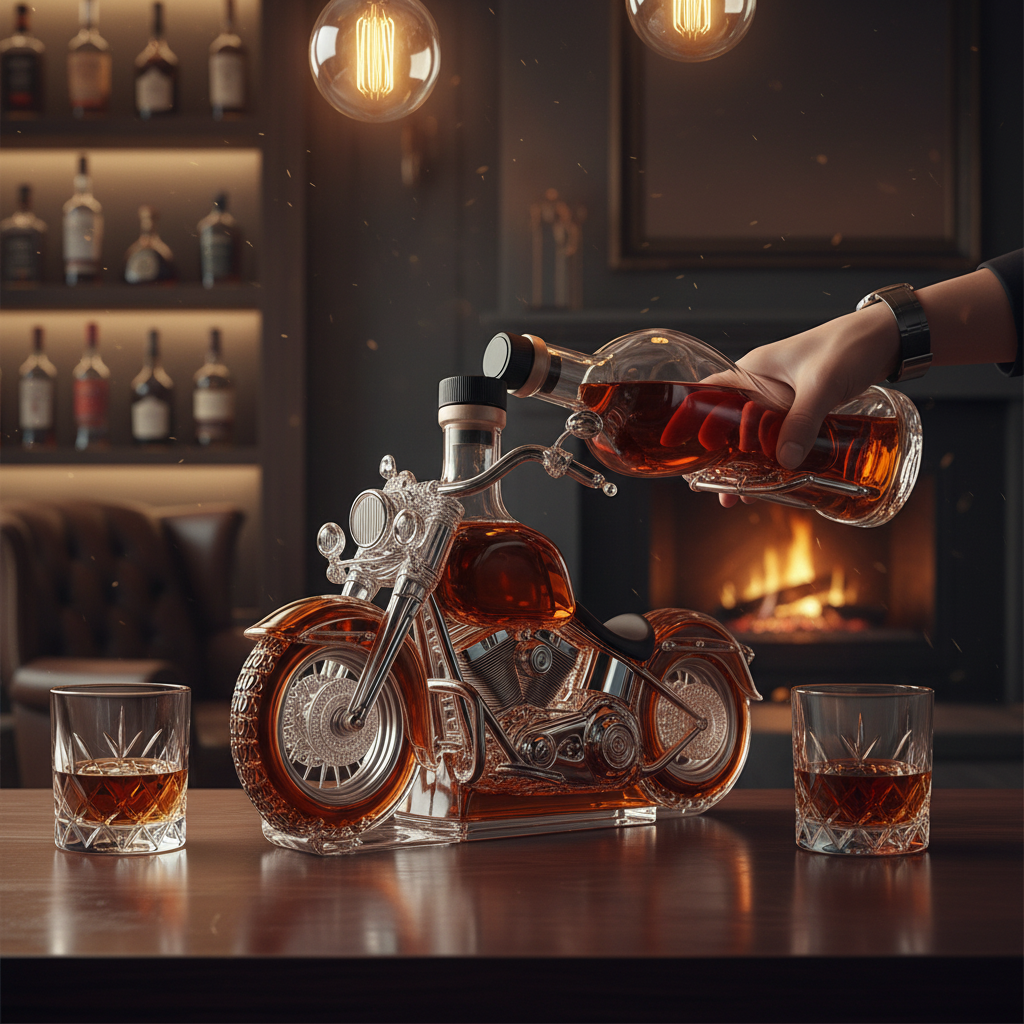 Whiskey Decanter Motorcycle Engine Glass Liquor Bottle Display