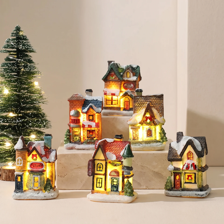 6-Piece Christmas Village Decoration Set With LED Lighting And Snow-Covered Houses - Image 1
