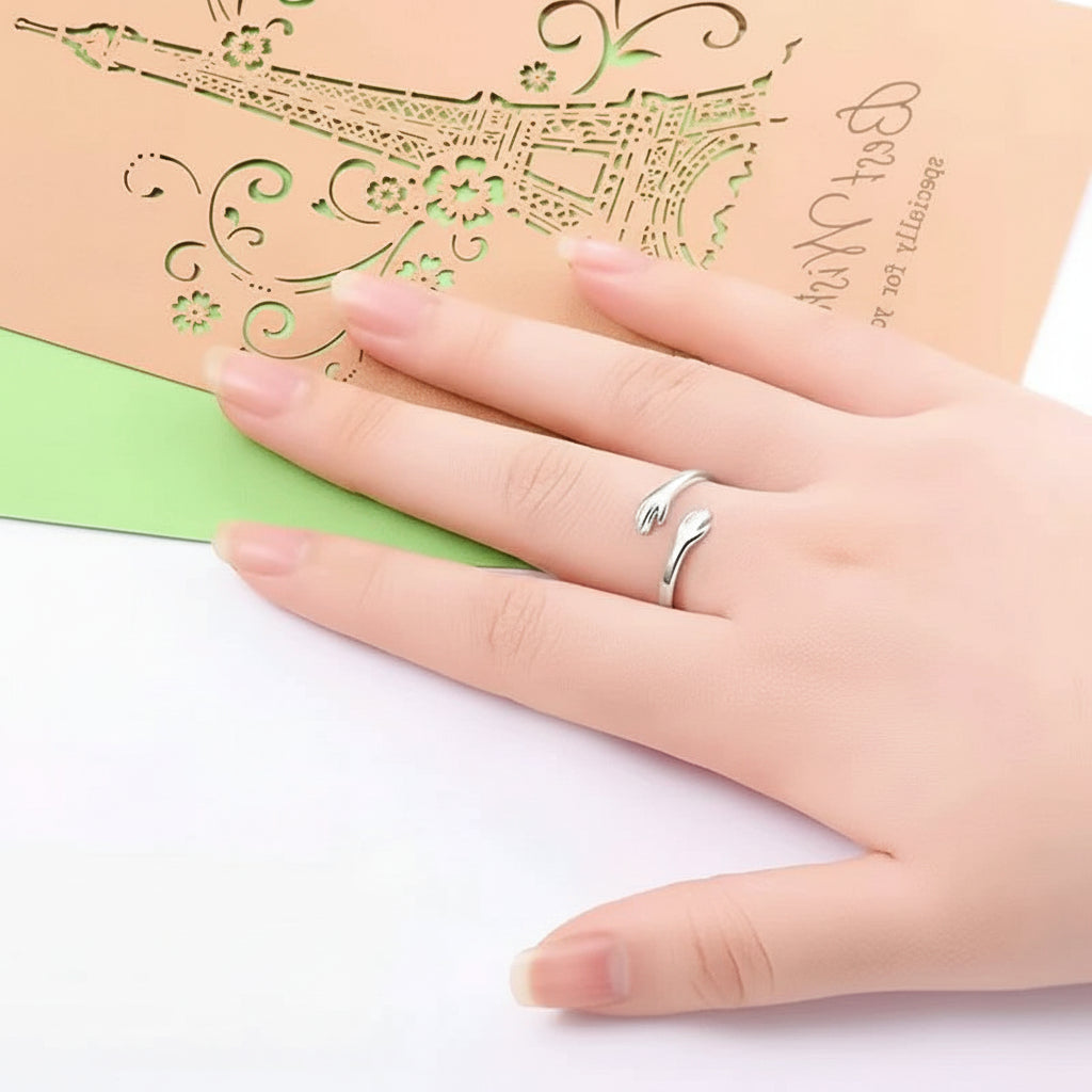 Anello Regolabile Design Abbraccio Fascia Aperta Gioiello Regalo d'Amore