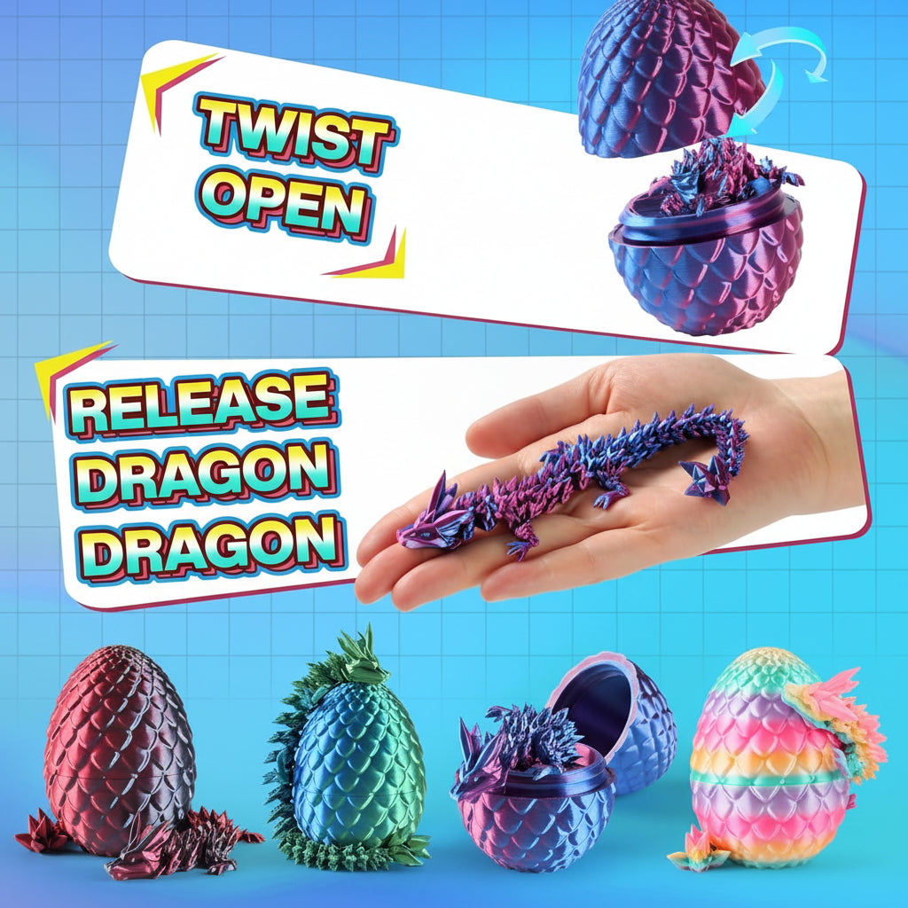 3D geprinte drakeneieren set – 4 stuks met gearticuleerde draak