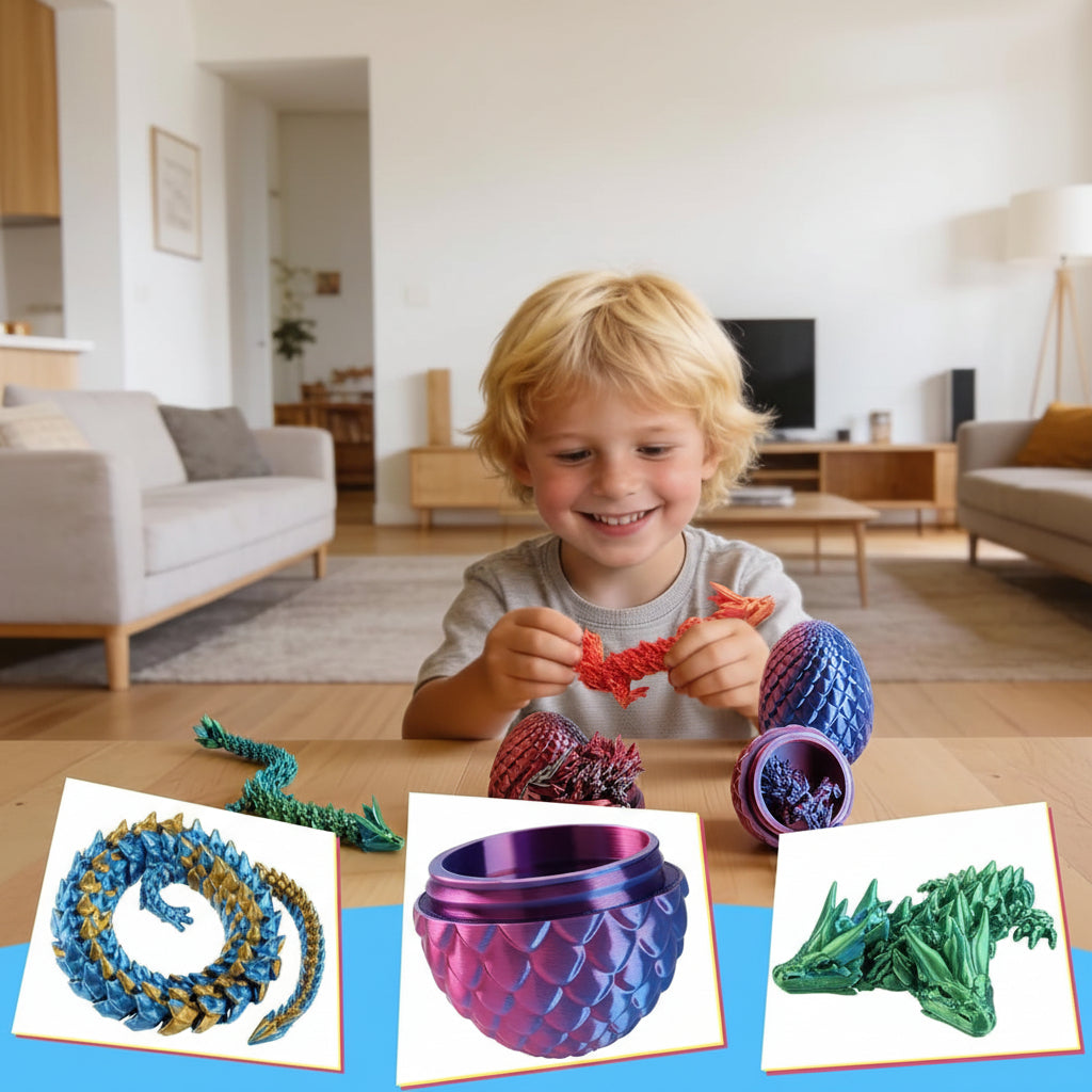 3D geprinte drakeneieren set – 4 stuks met gearticuleerde draak