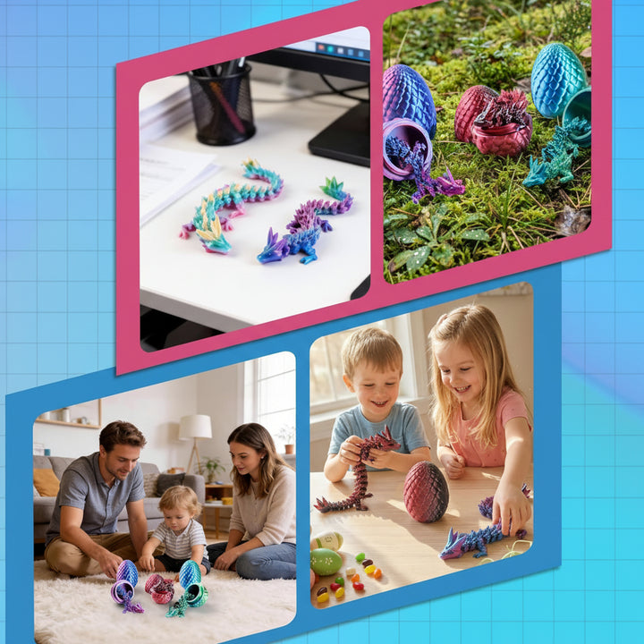 3D geprinte drakeneieren set – 4 stuks met gearticuleerde draak