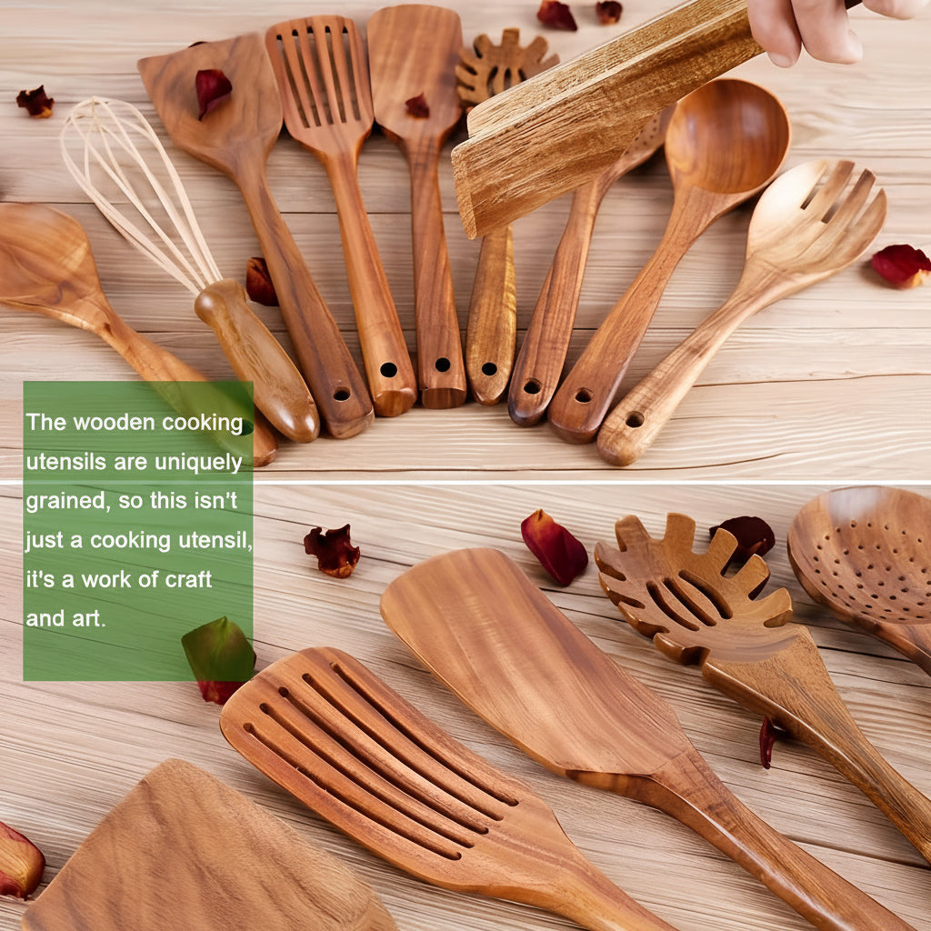 Wooden Kitchen Utensil Set with Holder – 11-Piece Teak Cooking Tools