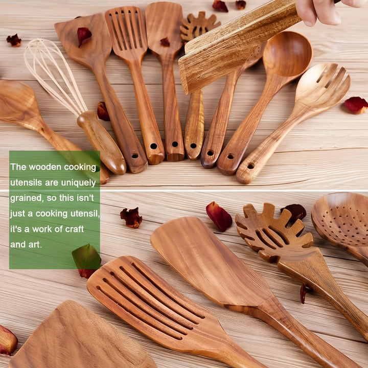 Wooden Kitchen Utensil Set with Holder – 11-Piece Teak Cooking Tools