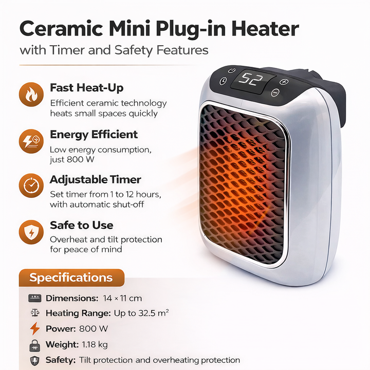 Compact Ceramic Heater Timer Safety Features Small Rooms