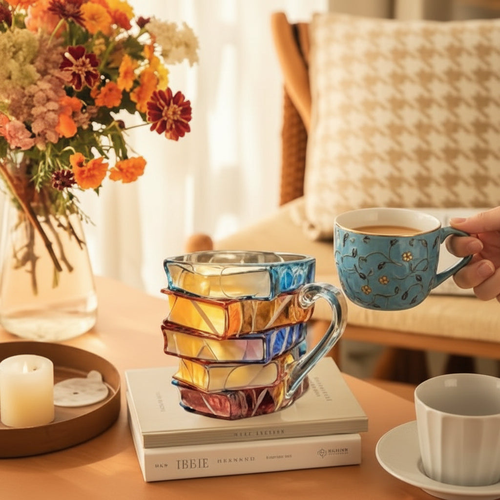 Coffee Mug Stained Glass Style Book Design Tea Cup