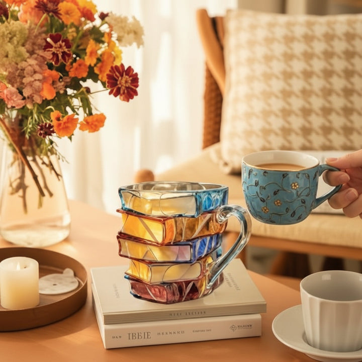 Coffee Mug Stained Glass Style Book Design Tea Cup