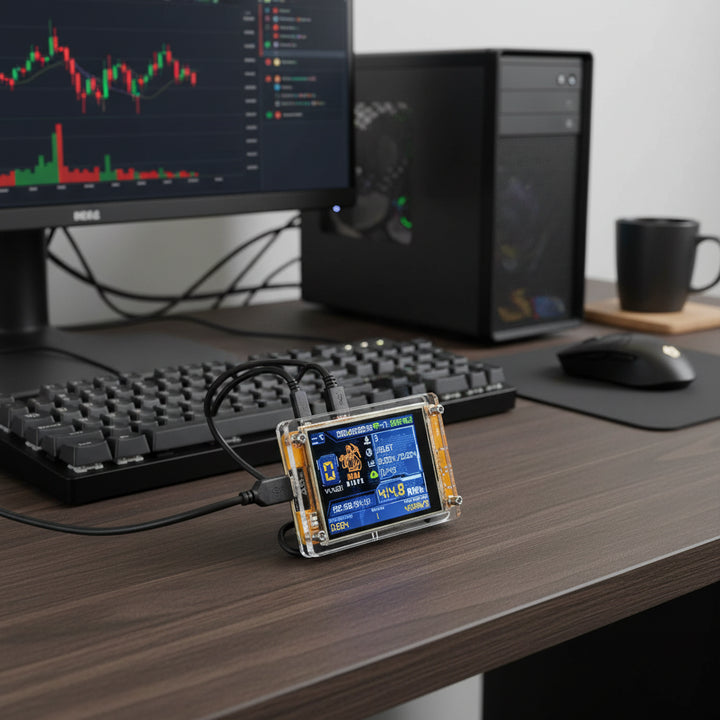 ESP32 Bitcoin miner – Desktop hashrate monitor pro těžbu kryptoměn