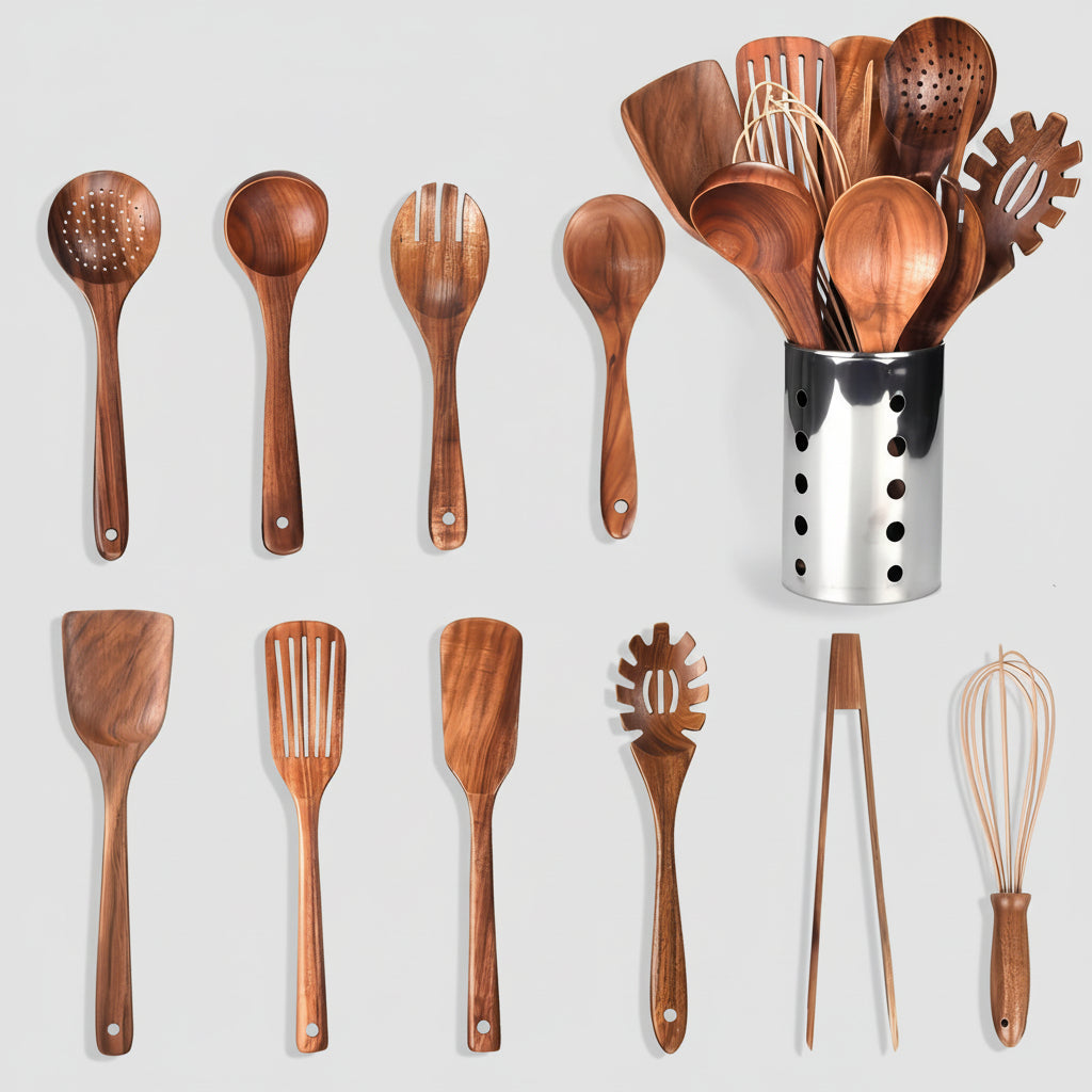 Wooden Kitchen Utensil Set with Holder – 11-Piece Teak Cooking Tools