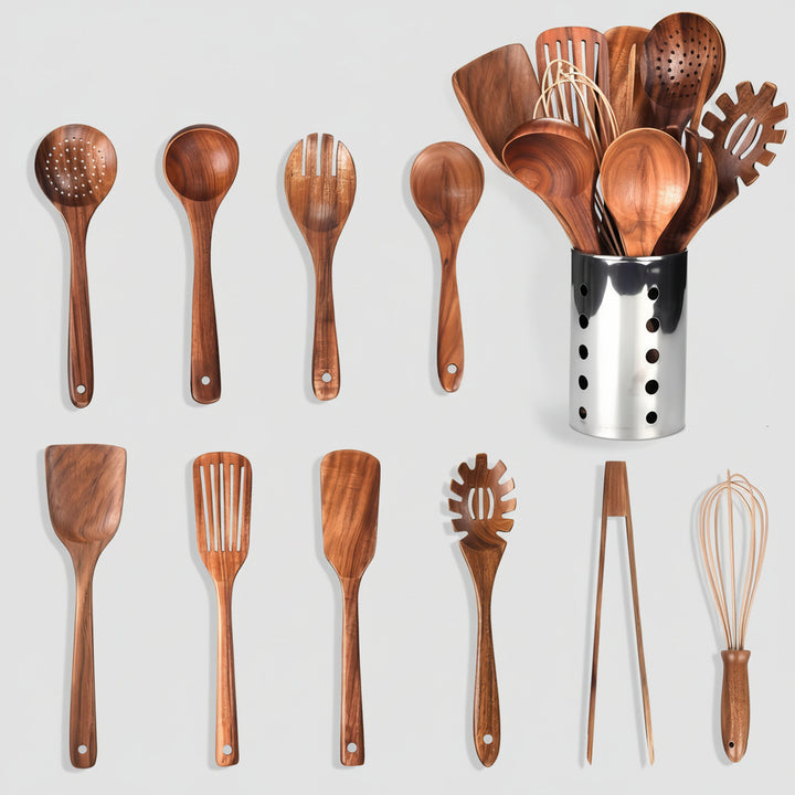 Wooden Kitchen Utensil Set with Holder – 11-Piece Teak Cooking Tools