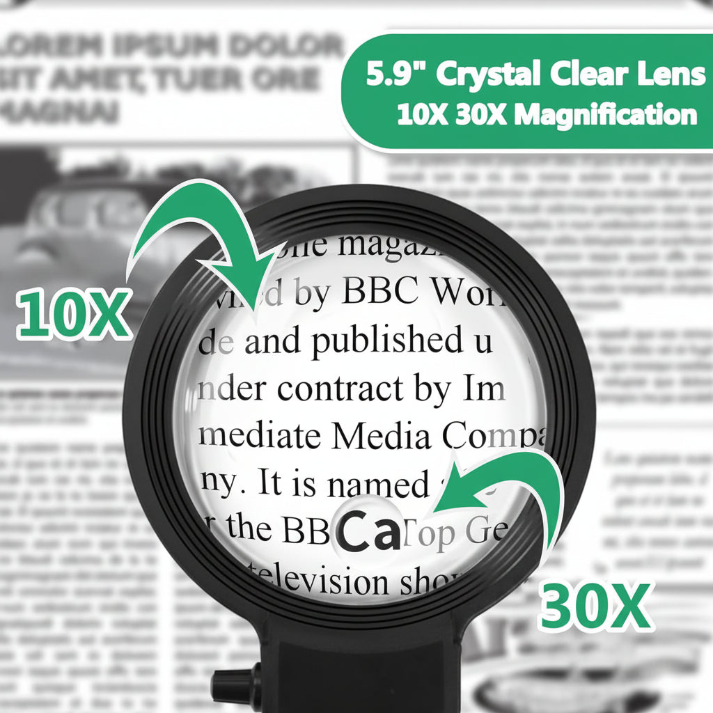 Full Page LED Magnifier with Flexible Arm – 10X & 30X Hands-Free Magnifying Glass for Reading, Crafts & Hobbies