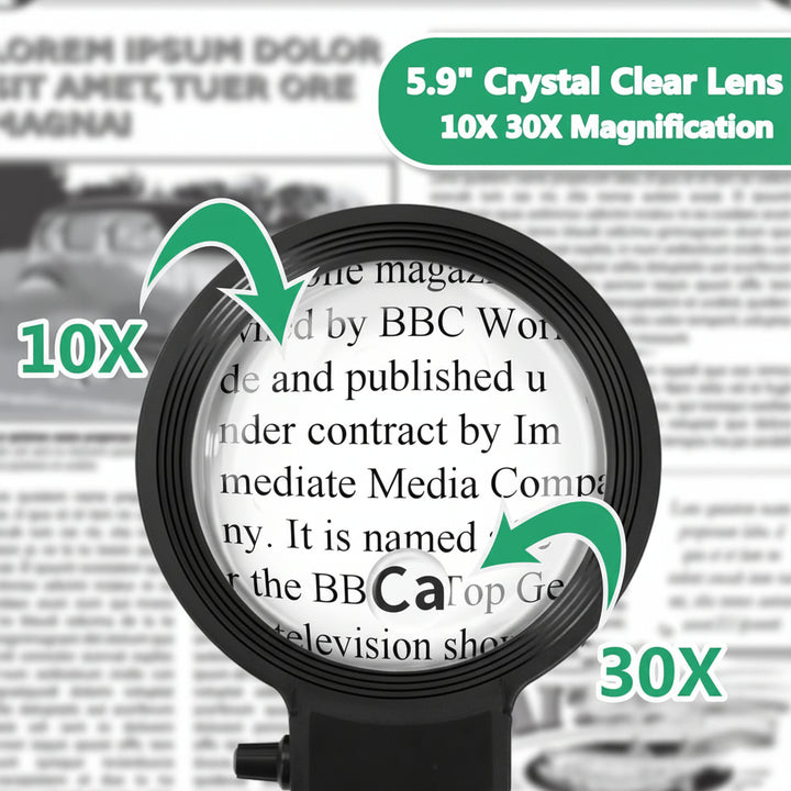 Full Page LED Magnifier with Flexible Arm – 10X & 30X Hands-Free Magnifying Glass for Reading, Crafts & Hobbies