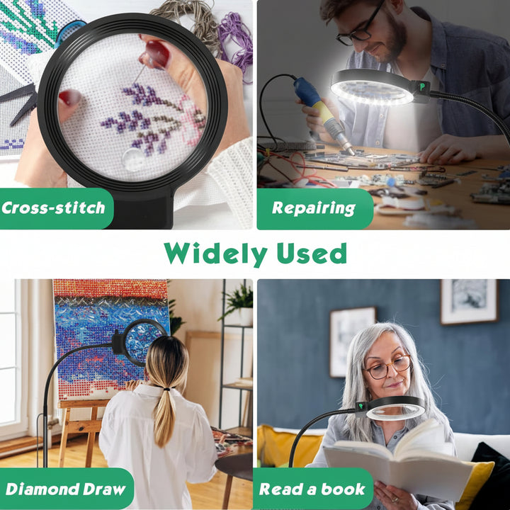 Full Page LED Magnifier with Flexible Arm – 10X & 30X Hands-Free Magnifying Glass for Reading, Crafts & Hobbies