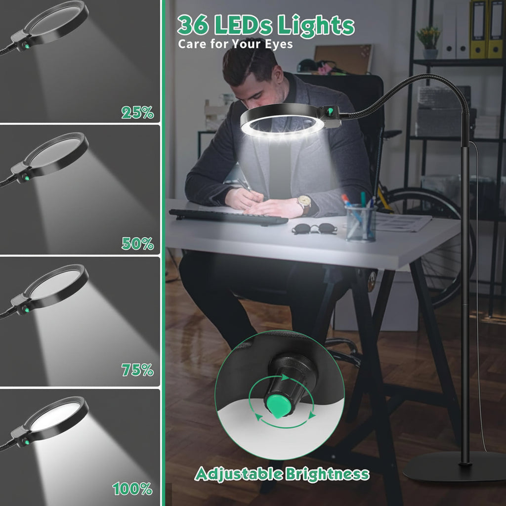 Full Page LED Magnifier with Flexible Arm – 10X & 30X Hands-Free Magnifying Glass for Reading, Crafts & Hobbies