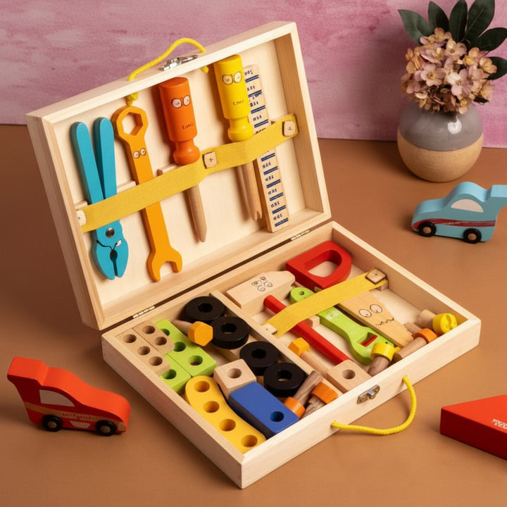 Kids Tool Set Wooden Construction Toy Kit with Toolbox - 35 Pieces