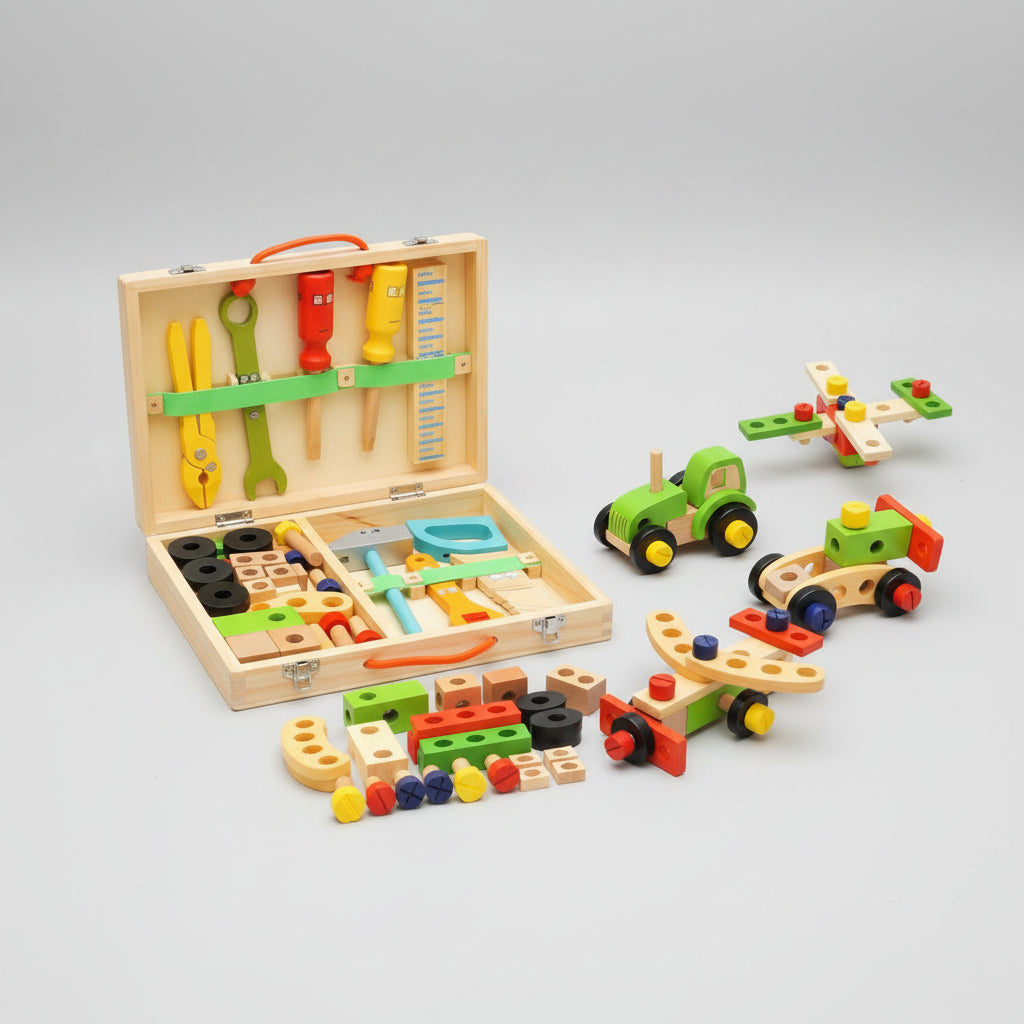 Kids Tool Set Wooden Construction Toy Kit with Toolbox - 35 Pieces