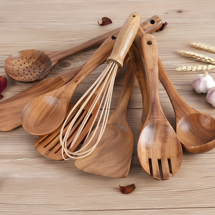 Wooden Kitchen Utensil Set with Holder – 11-Piece Teak Cooking Tools