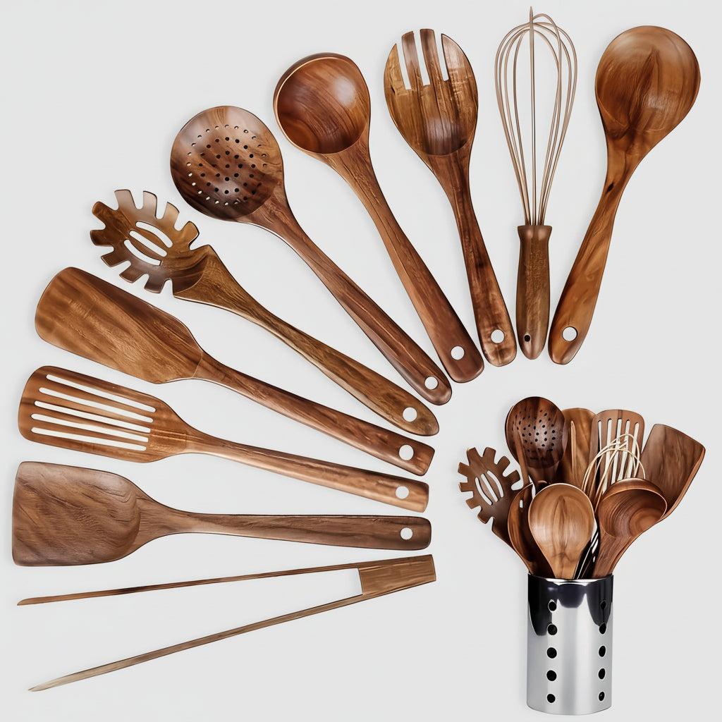 Wooden Kitchen Utensil Set with Holder – 11-Piece Teak Cooking Tools