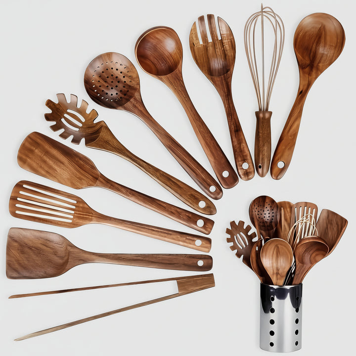 Wooden Kitchen Utensil Set with Holder – 11-Piece Teak Cooking Tools