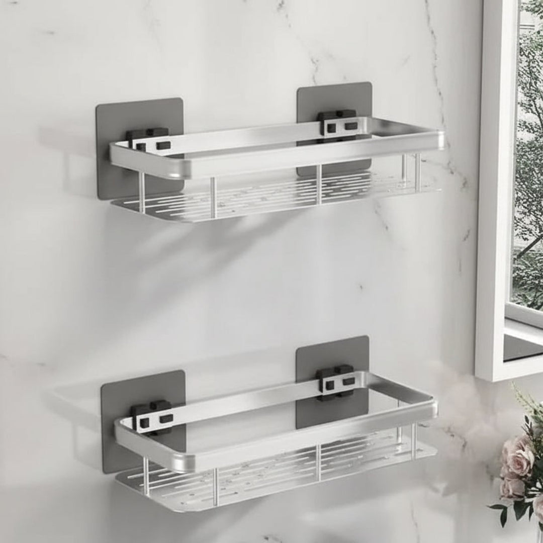 Adhesive Bathroom Shelf With Stainless Steel Rail Drill-Free Shower Caddy For Toiletries - Image 7