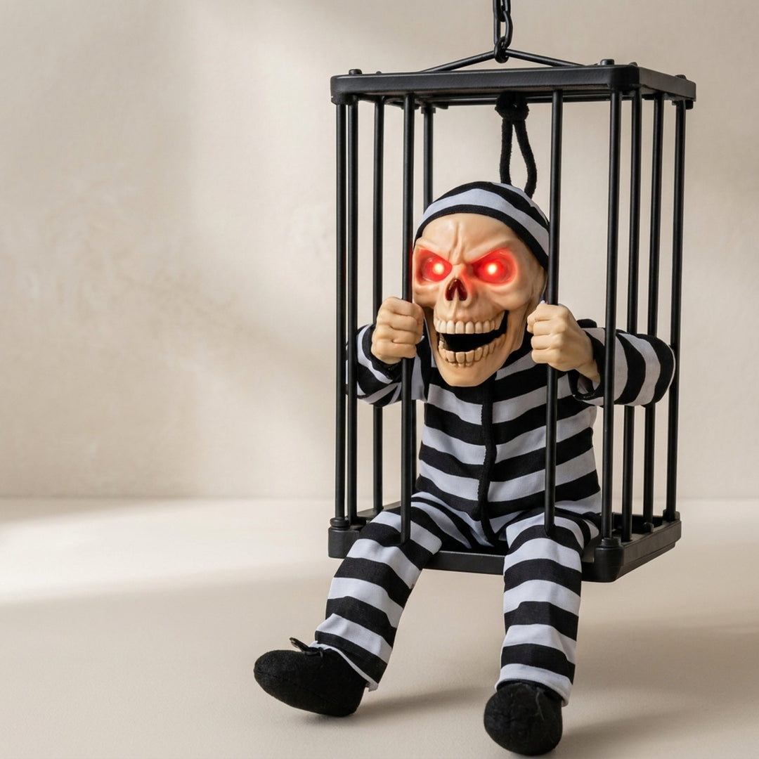 Animated Skeleton Decoration For Halloween In A Cage With Infrared Motion Sensor And Integrated Scream Sound Effect For Spooky Decor - Image 1