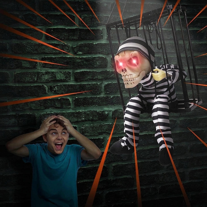 Animated Skeleton Decoration For Halloween In A Cage With Infrared Motion Sensor And Integrated Scream Sound Effect For Spooky Decor - Image 2