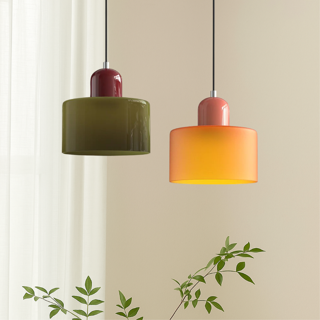 Bauhaus Coloured Glass Pendant Light With Cylindrical Shade - Image 1
