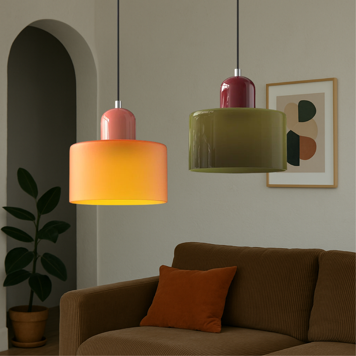 Bauhaus Coloured Glass Pendant Light With Cylindrical Shade - Image 4