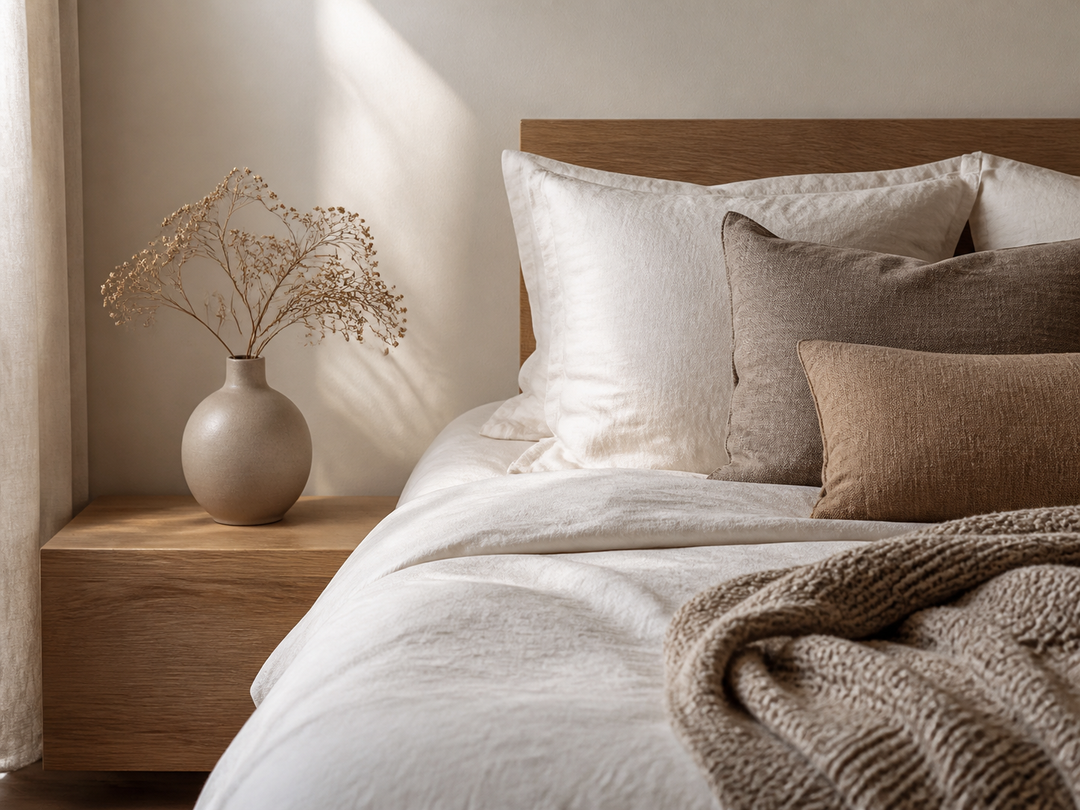 Calm bedroom with layered neutral linen bedding and textured cushions
