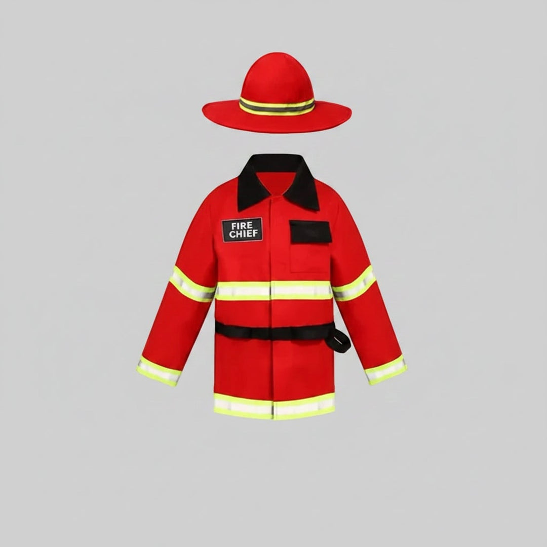 Boys' Halloween Firefighter Costume With Fire Chief Badge And Reflective Stripes Plus Truck Backpack - Image 1