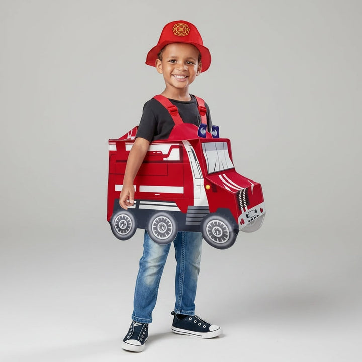 Boys' Halloween Firefighter Costume With Fire Chief Badge And Reflective Stripes Plus Truck Backpack - Image 4