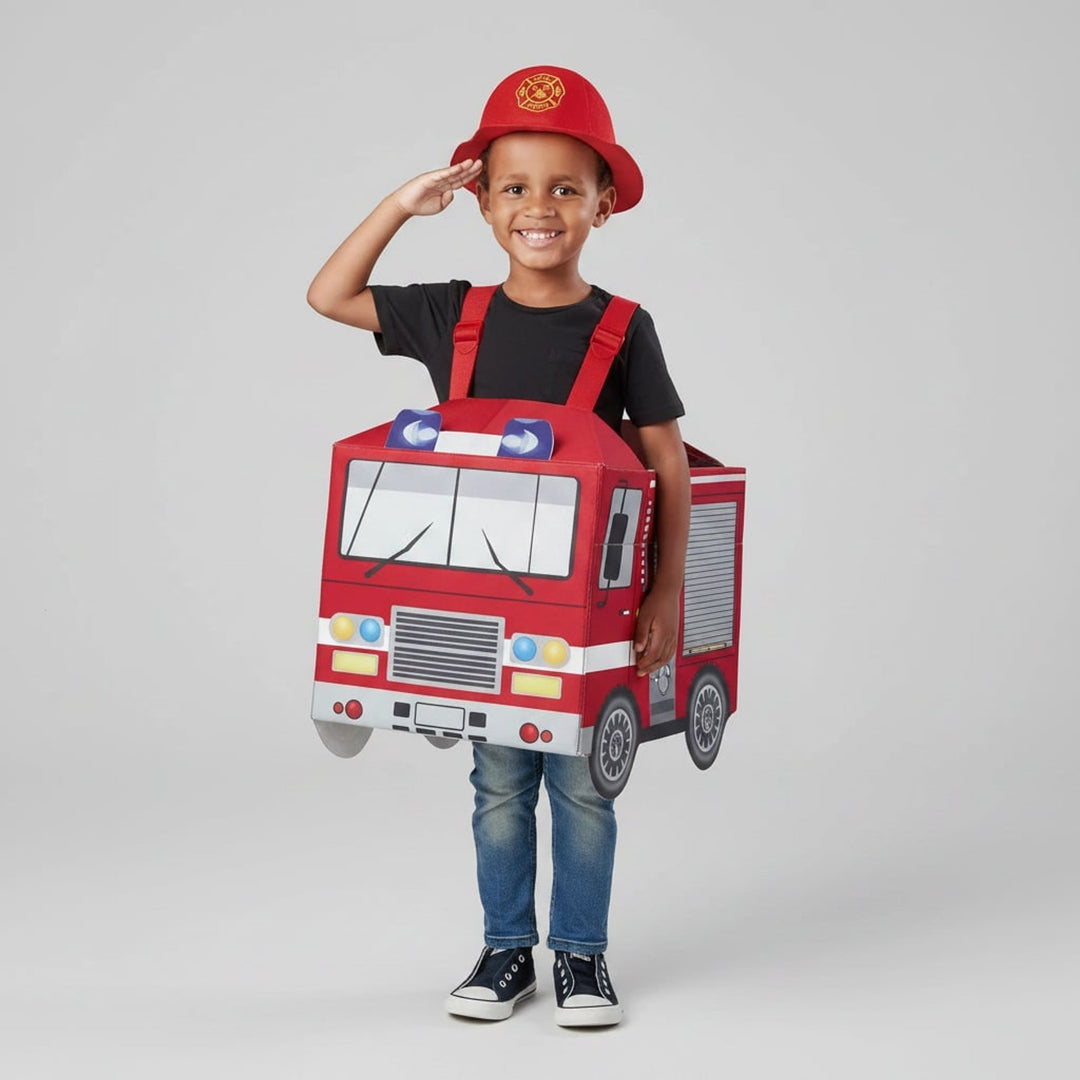 Boys' Halloween Firefighter Costume With Fire Chief Badge And Reflective Stripes Plus Truck Backpack - Image 3
