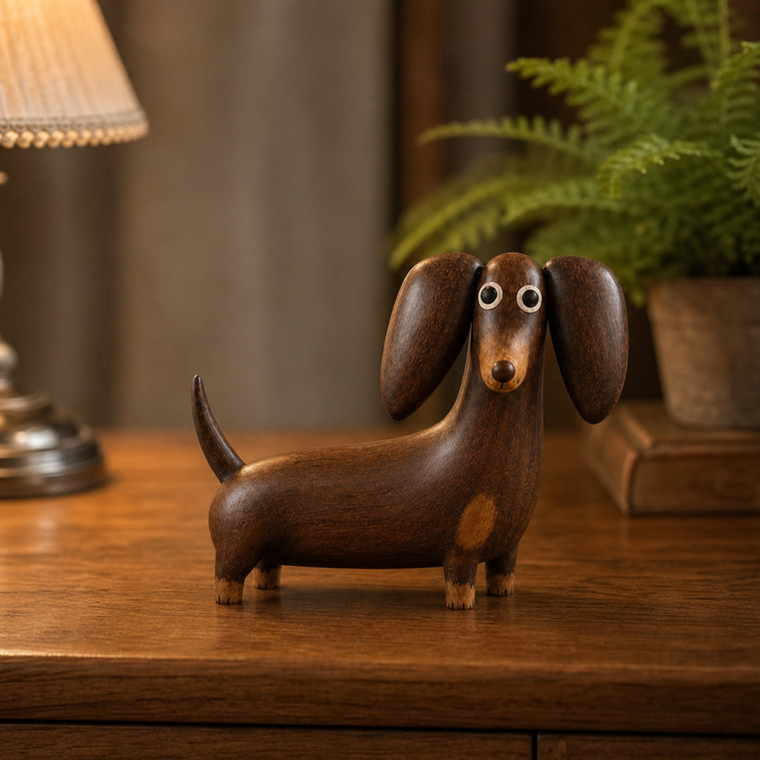 Carved Resin Dachshund Sculpture With Matte Wood-Look Finish - Image 1