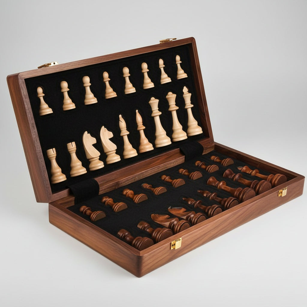 Wooden Chess Set with Folding Board – Walnut Storage & Travel Game