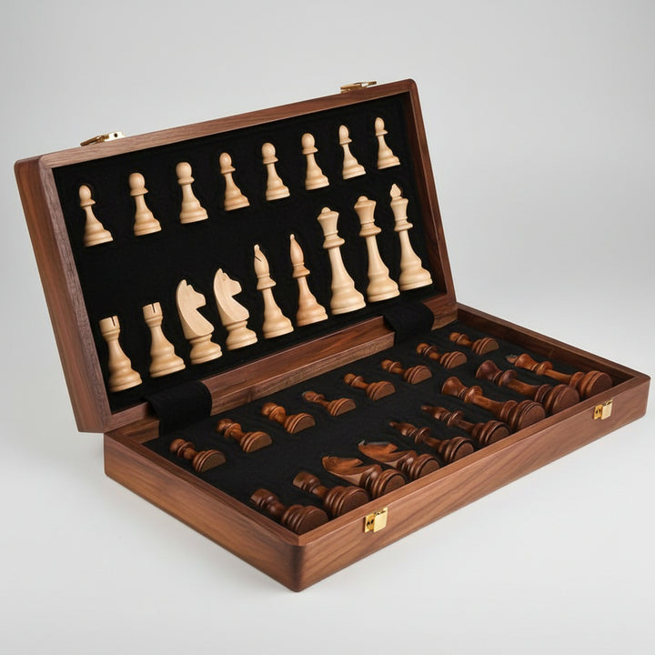 Wooden Chess Set with Folding Board – Walnut Storage & Travel Game