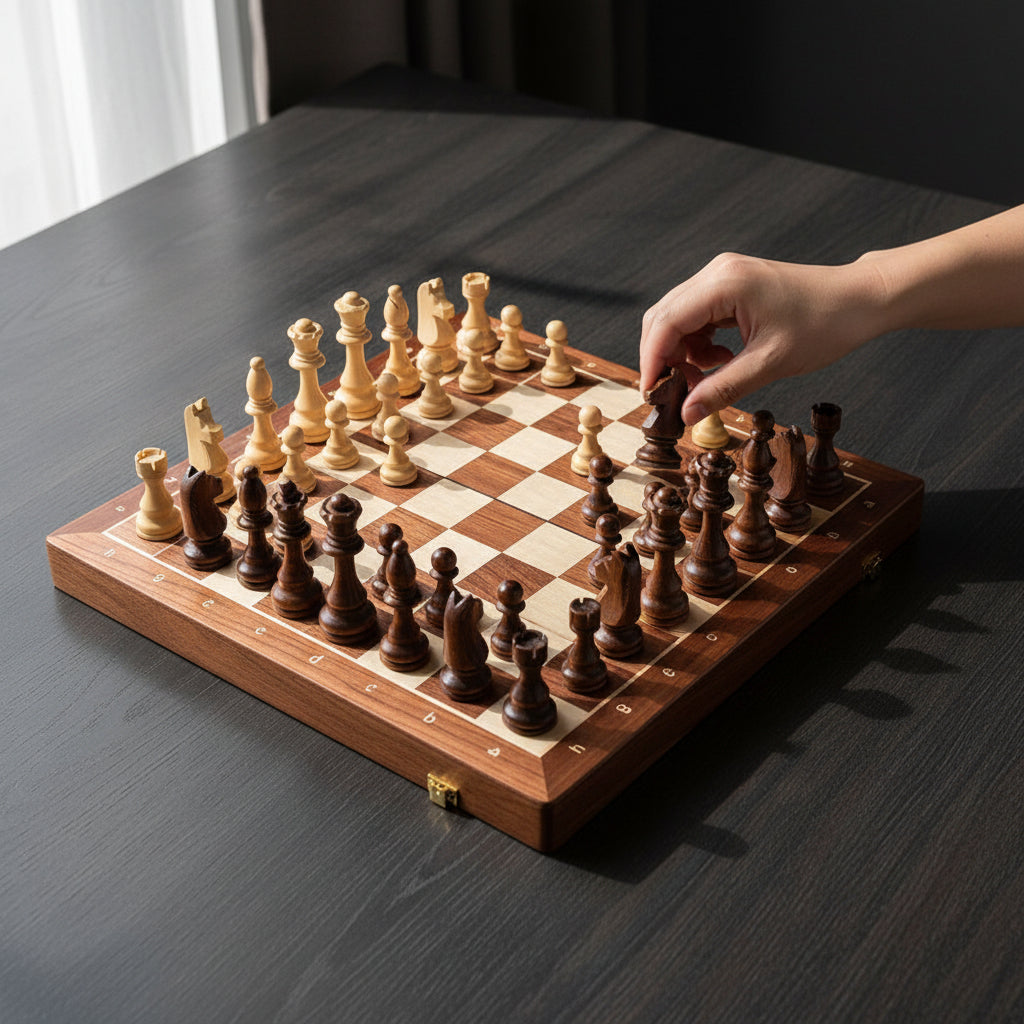 Wooden Chess Set with Folding Board – Walnut Storage & Travel Game
