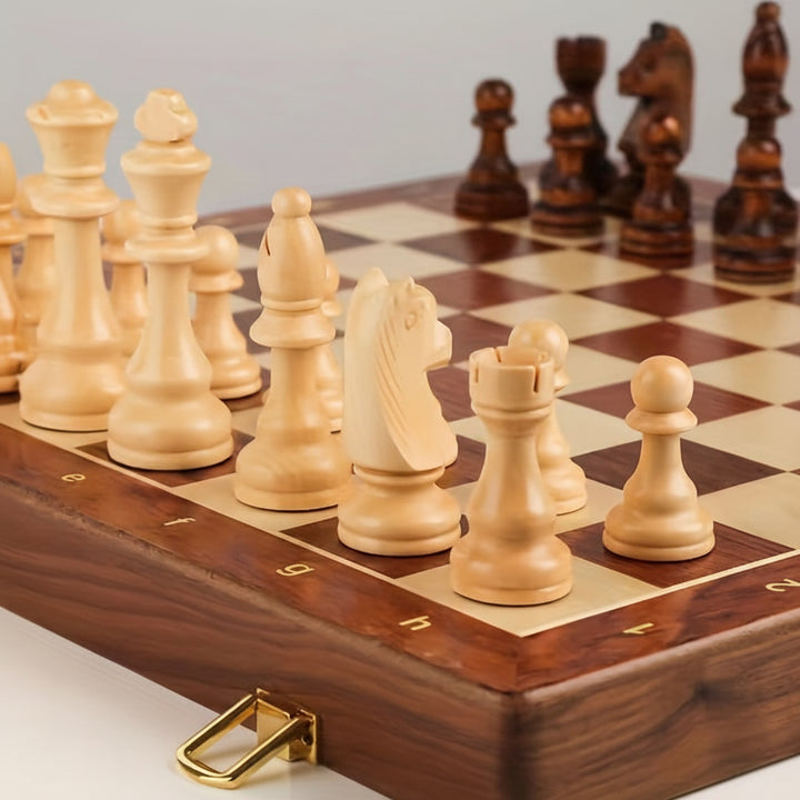 Wooden Chess Set with Folding Board – Walnut Storage & Travel Game
