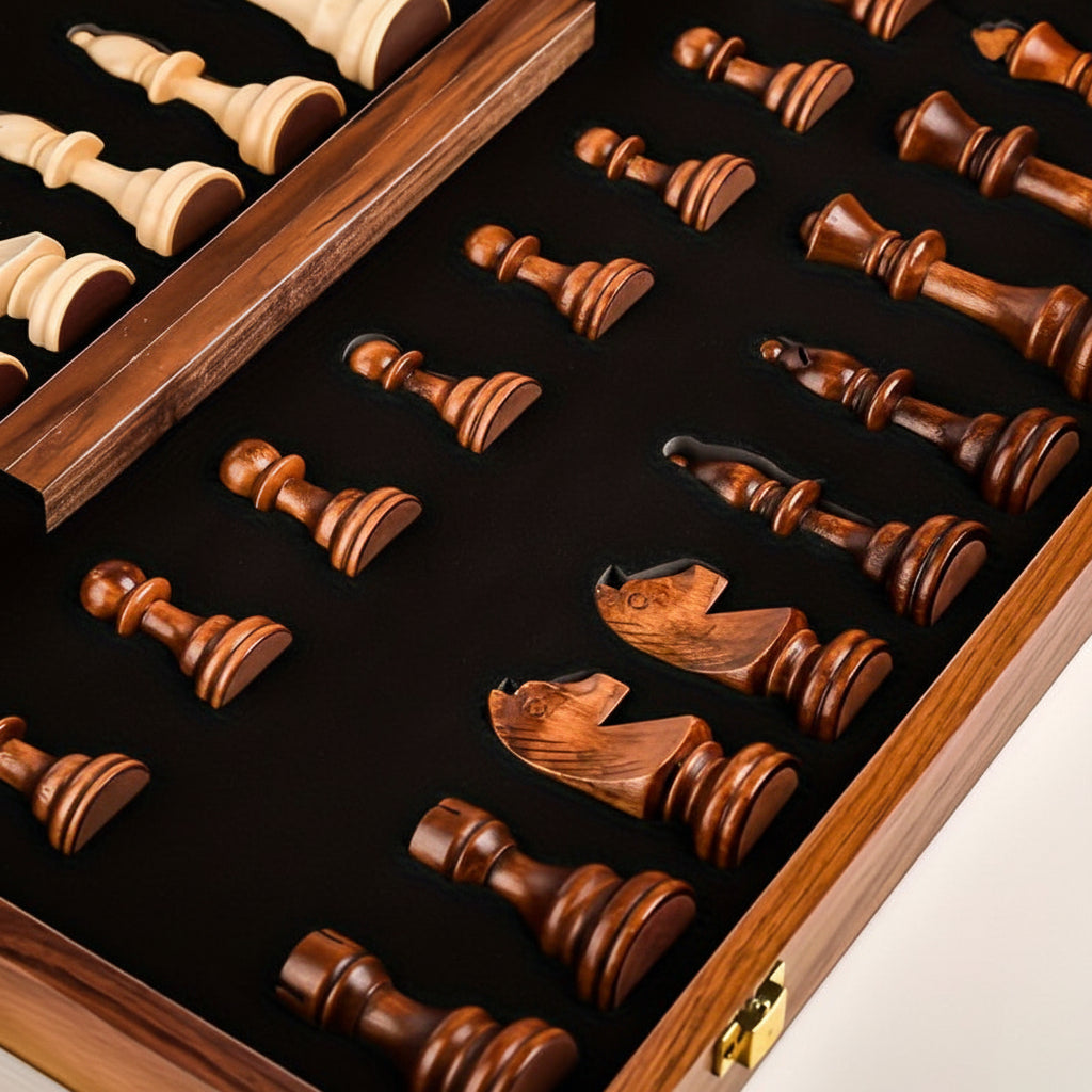 Wooden Chess Set with Folding Board – Walnut Storage & Travel Game