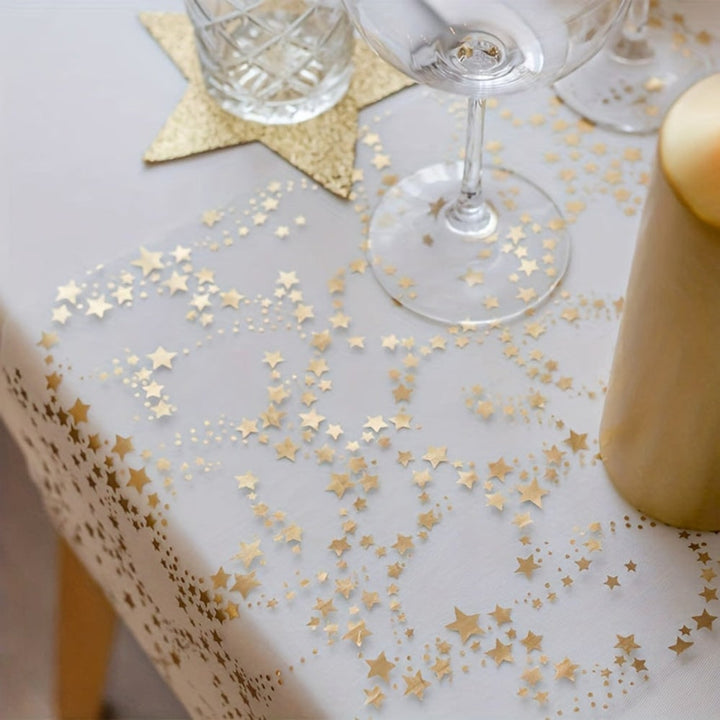 Christmas Linen Table Runner With Golden Stars On Organza Elegant Festive Dining Decoration - Image 1