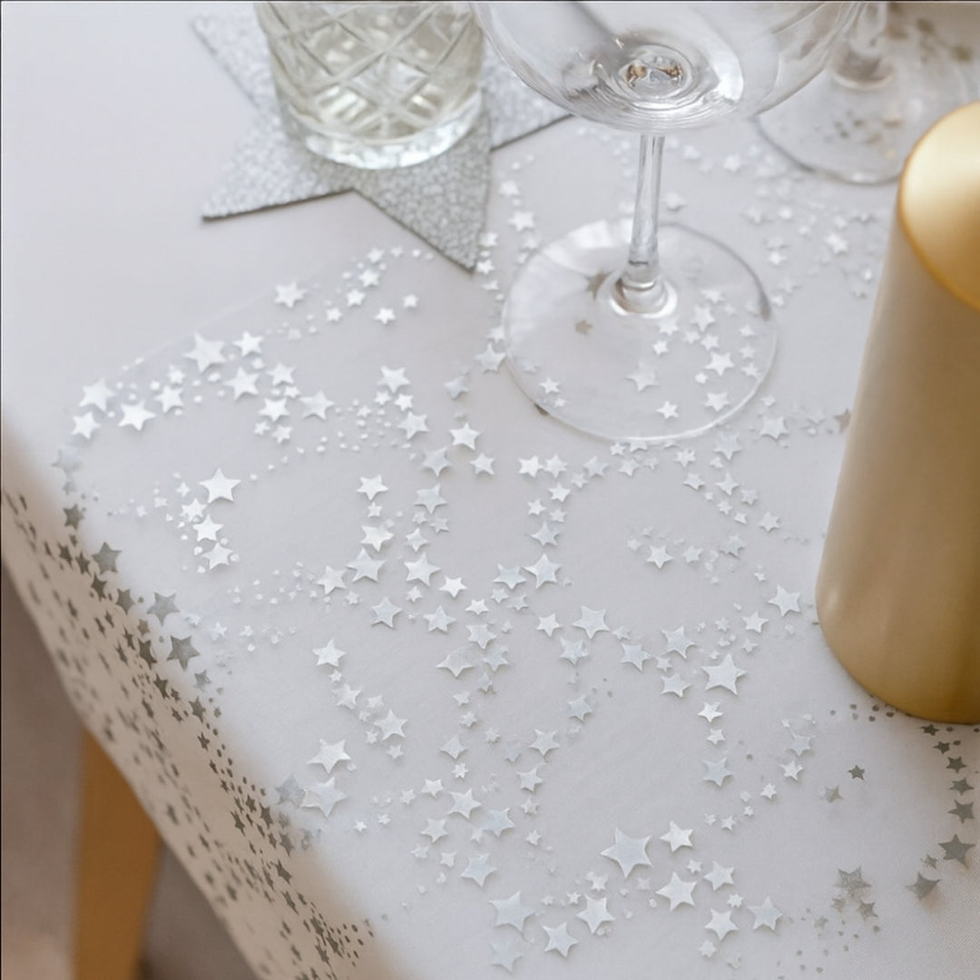 Christmas Linen Table Runner With Golden Stars On Organza Elegant Festive Dining Decoration - Image 6