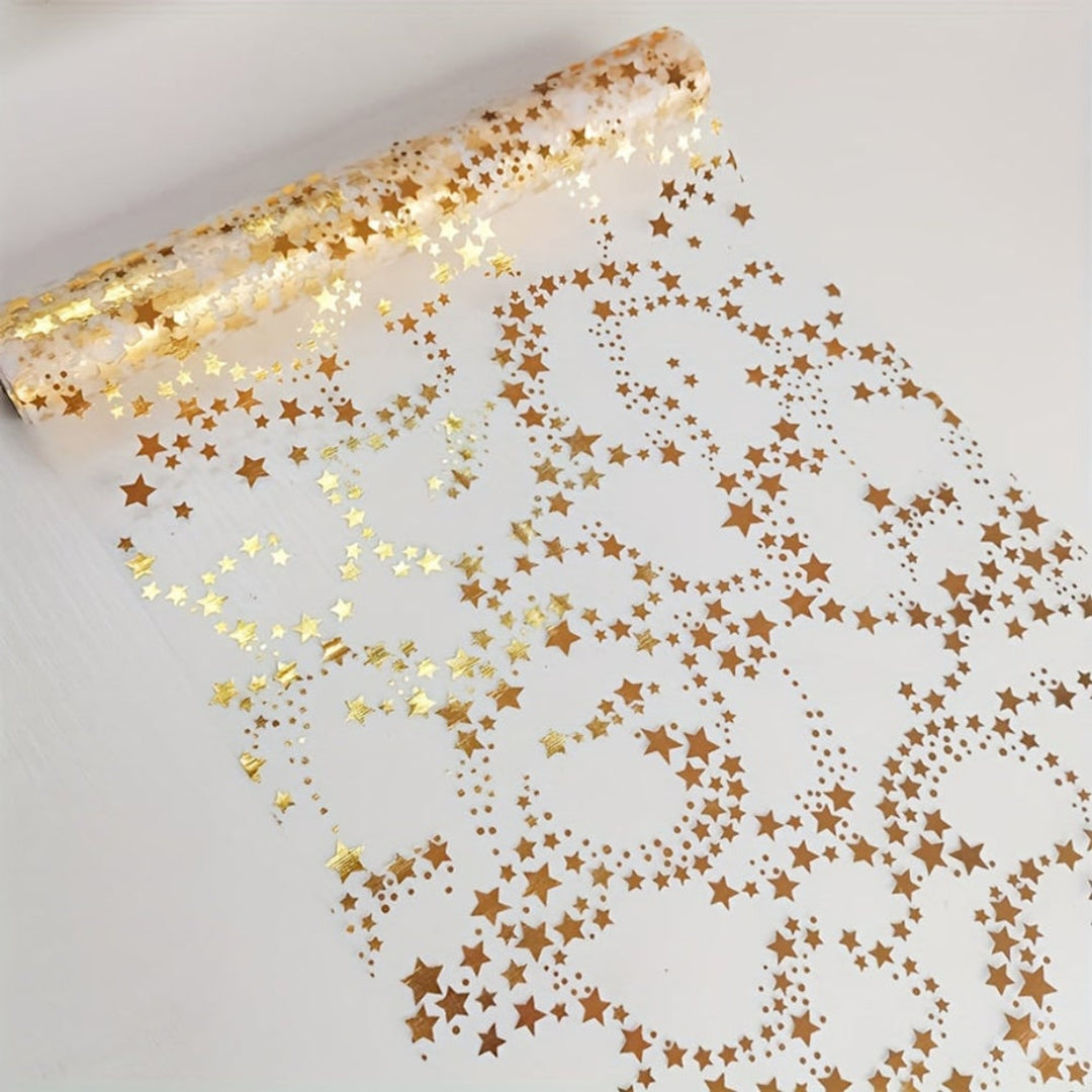 Christmas Linen Table Runner With Golden Stars On Organza Elegant Festive Dining Decoration - Image 4