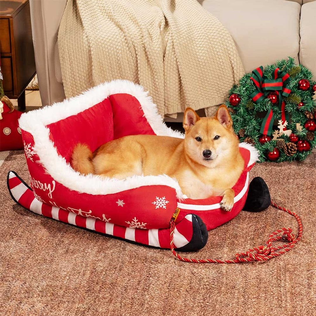 Christmas Sleigh Dog Bed Plush Velvet With Non-Slip Bottom - Image 1