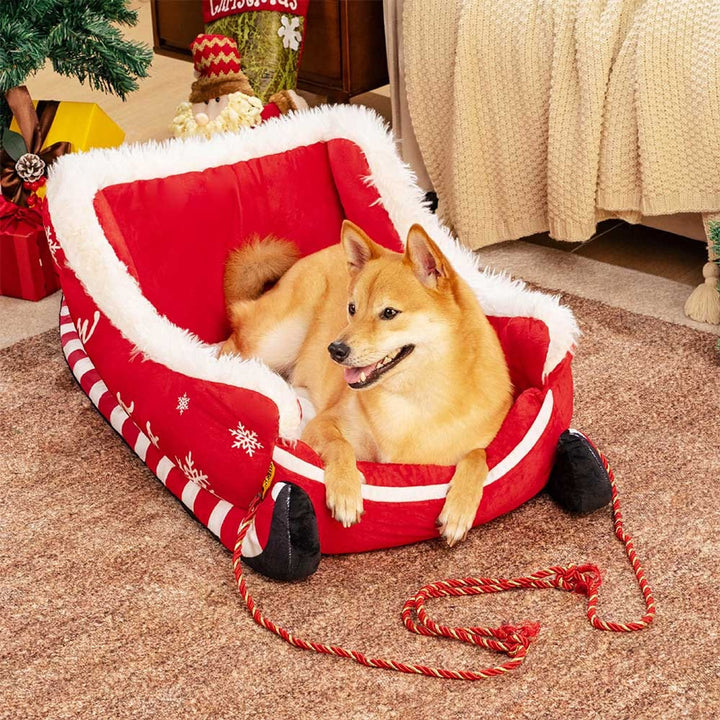 Christmas Sleigh Dog Bed Plush Velvet With Non-Slip Bottom - Image 2