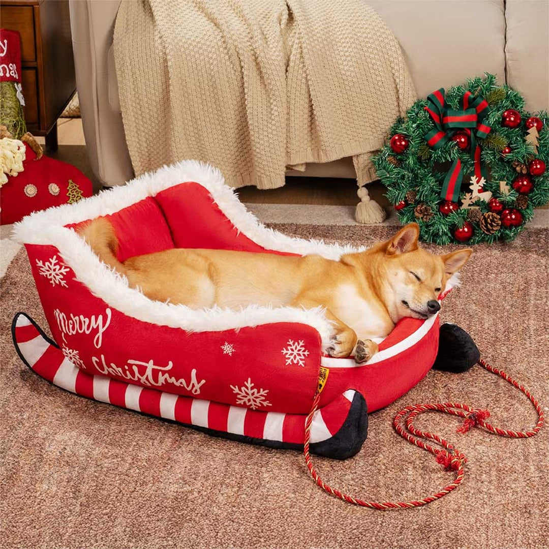 Christmas Sleigh Dog Bed Plush Velvet With Non-Slip Bottom - Image 6