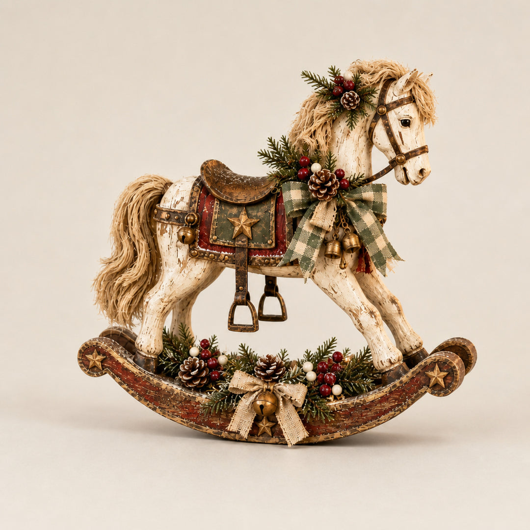 Christmas Tabletop Decor Distressed Whitewash Rocking Horse With Plaid Bow And Bells - Image 8