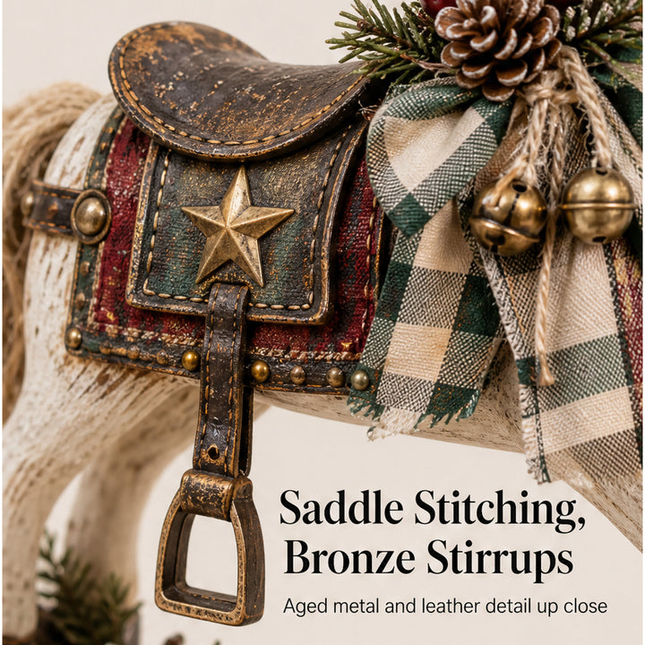 Christmas Tabletop Decor Distressed Whitewash Rocking Horse With Plaid Bow And Bells - Image 9