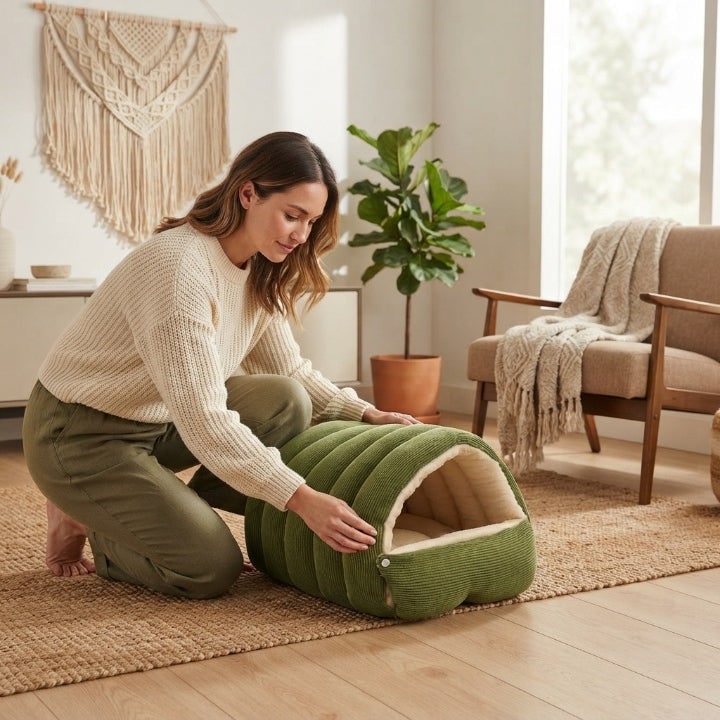 Cord Plush Pet Cave Bed For Cats And Small Dogs Foldable Draft-Proof Dome - Image 4