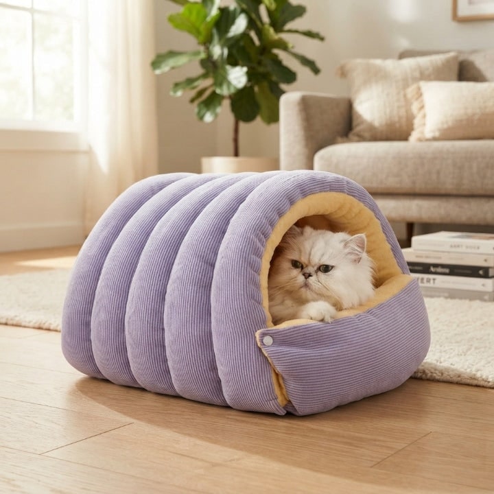 Cord Plush Pet Cave Bed For Cats And Small Dogs Foldable Draft-Proof Dome - Image 7